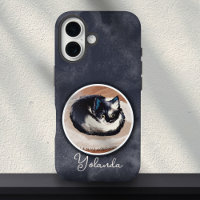 Cozy Black White Sleeping Cat Art Custom Name