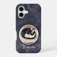 Cozy Black White Sleeping Cat Art Custom Name