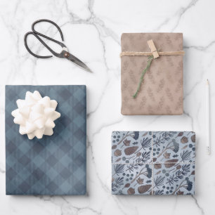 Cozy Blue and Tan Plaid Pine Cones and Home Wrappi Wrapping Paper Sheet