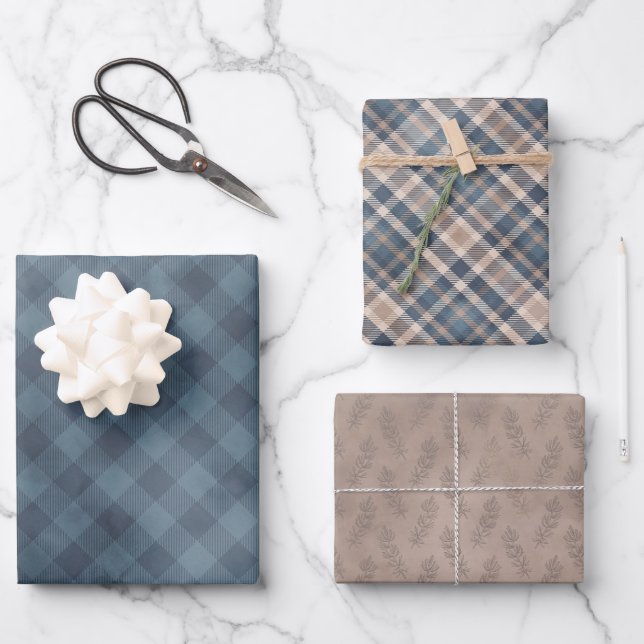 Cozy Blue and Tan Plaid Pine Cones and Home Wrappi Wrapping Paper Sheet (Front)