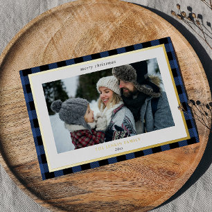 Cozy Blue Black Plaid Border 3 Photos Christmas Foil Holiday Card