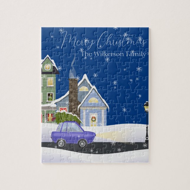 Cozy Blue Christmas Night in a Snowy Village  Jigsaw Puzzle (Vertical)