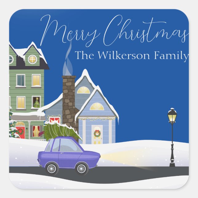 Cozy Blue Christmas Night in the Village Square Sticker (Front)
