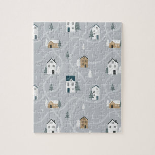 Cozy blue grey winter in nordic village jigsaw puzzle