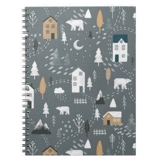 Cozy blue grey winter in nordic village notebook