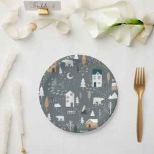 Cozy blue grey winter in nordic village paper plate