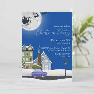 Cozy Blue Winter Night Village Christmas Party Invitation