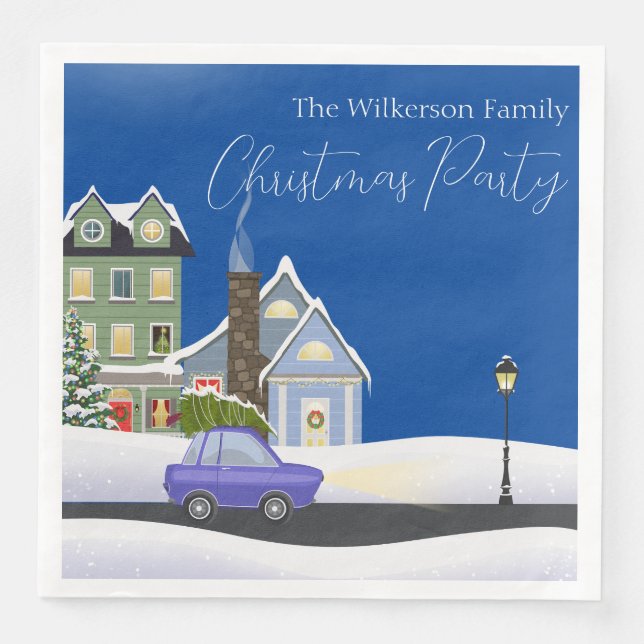 Cozy Blue Winter Night Village Christmas Party Napkin (Front)