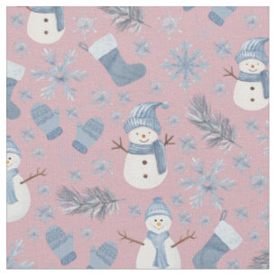 Cozy Blue Winter on Crepe Pink Fabric