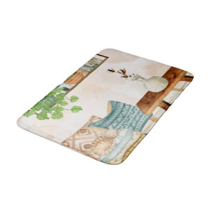 Cozy Bohemian Living Room Watercolor Art Bath Mat
