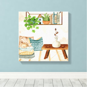 Cozy Bohemian Living Room Watercolor Art Canvas Print