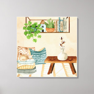 Cozy Bohemian Living Room Watercolor Art Canvas Print