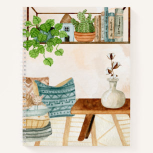 Cozy Bohemian Living Room Watercolor Art Notebook