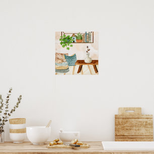 Cozy Bohemian Living Room Watercolor Art Poster