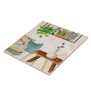 Cozy Bohemian Living Room Watercolor Art Tile