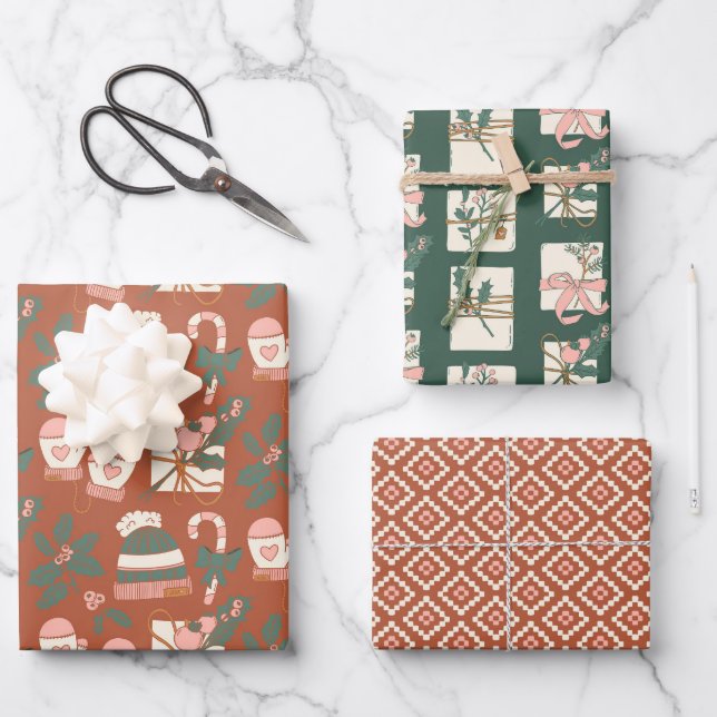 Cozy Boho Pink, Green & Clay Holiday Wrapping Paper Sheet (Front)
