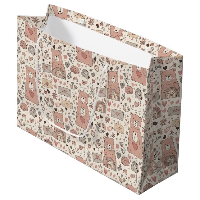 Cozy Boho Teddy Bear Pattern Large Gift Bag (Front Angled)