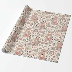 Cozy Boho Teddy Bear Pattern Wrapping Paper
