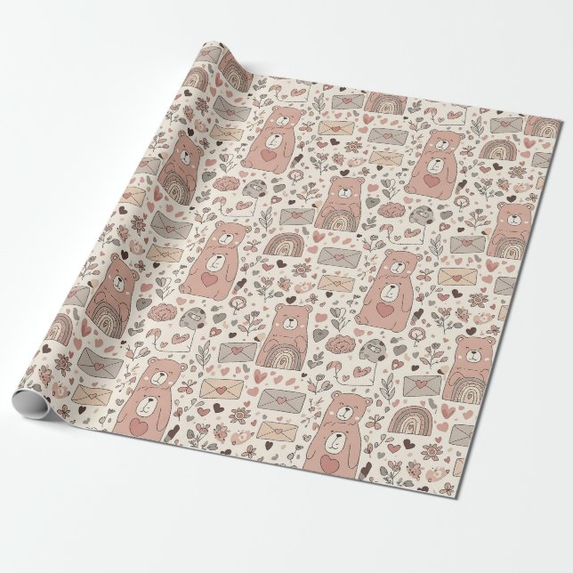 Cozy Boho Teddy Bear Pattern Wrapping Paper (Unrolled)