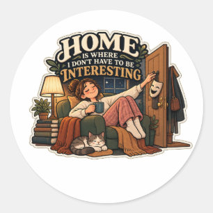 Cozy Book Lover Cat & Funny Introvert Quote Sticke Classic Round Sticker
