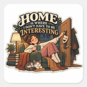 Cozy Book Lover Cat & Funny Introvert Quote Sticke Square Sticker