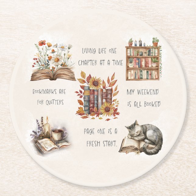 Cozy Book Lover Collage Round Paper Coaster (Front)
