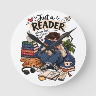 Cozy Book Lover Reading Illustration Round Clock