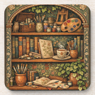 Cozy book shelf books artist supplies coffee coaster