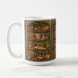 Cozy book shelf books artist supplies coffee mug