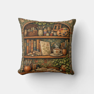 Cozy book shelf books artist supplies coffee throw pillow