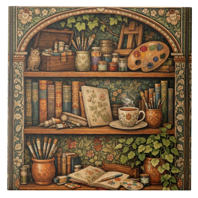 Cozy book shelf books artist supplies coffee tile (Front)