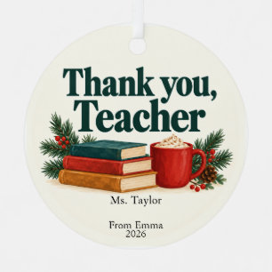 Cozy Books and Cocoa Teacher Thank You Metal Ornament
