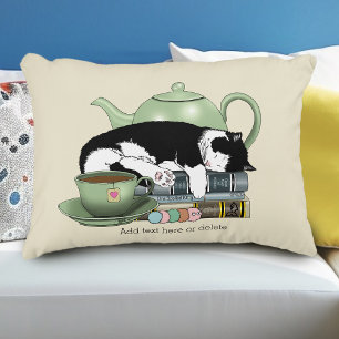 Cozy Books Cat Tuxedo Tea Cute Green Teapot Reader Accent Pillow
