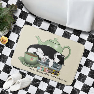 Cozy Books Cat Tuxedo Tea Cute Green Teapot Reader Bath Mat