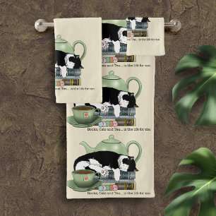 Cozy Books Cat Tuxedo Tea Cute Green Teapot Reader Bath Towel Set