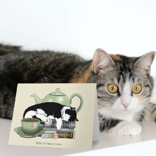 Cozy Books Cat Tuxedo Tea Cute Green Teapot Reader Card