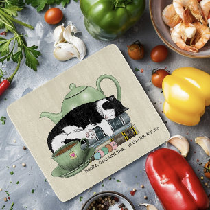 Cozy Books Cat Tuxedo Tea Cute Green Teapot Reader Cutting Board