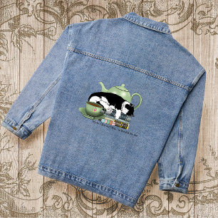 Cozy Books Cat Tuxedo Tea Cute Green Teapot Reader Denim Jacket