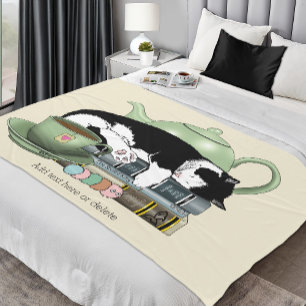 Cozy Books Cat Tuxedo Tea Cute Green Teapot Reader Fleece Blanket