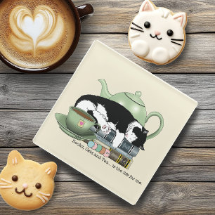 Cozy Books Cat Tuxedo Tea Cute Green Teapot Reader Glass Coaster