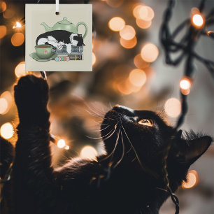 Cozy Books Cat Tuxedo Tea Cute Green Teapot Reader Glass Ornament