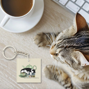 Cozy Books Cat Tuxedo Tea Cute Green Teapot Reader Keychain