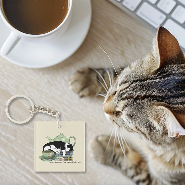 Cozy Books Cat Tuxedo Tea Cute Green Teapot Reader Keychain (Creator Uploaded)