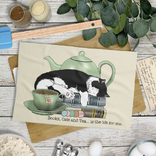 Cozy Books Cat Tuxedo Tea Cute Green Teapot Reader Kitchen Towel