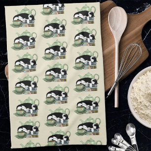 Cozy Books Cat Tuxedo Tea Cute Green Teapot Reader Kitchen Towel