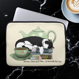Cozy Books Cat Tuxedo Tea Cute Green Teapot Reader Laptop Sleeve