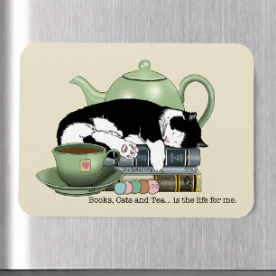 Cozy Books Cat Tuxedo Tea Cute Green Teapot Reader Magnet