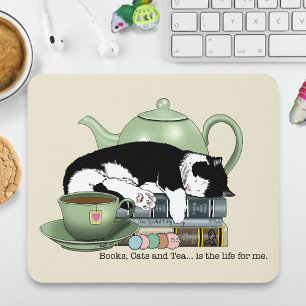 Cozy Books Cat Tuxedo Tea Cute Green Teapot Reader Mouse Pad