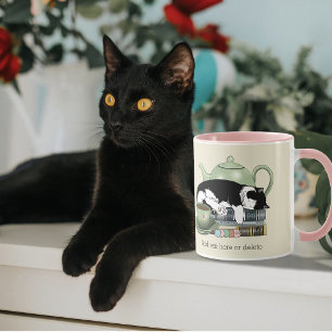 Cozy Books Cat Tuxedo Tea Cute Green Teapot Reader Mug