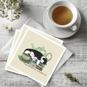 Cozy Books Cat Tuxedo Tea Cute Green Teapot Reader Napkin